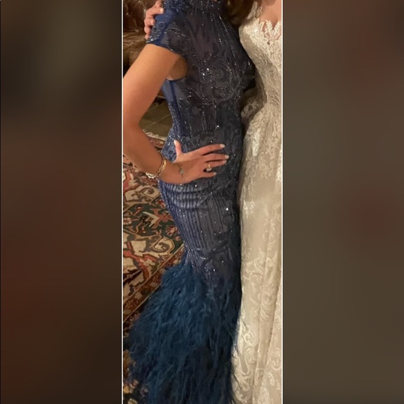 High neck short sleeve blue beaded feather gown Terani style number 1721GL4446 - Picture 3 of 13